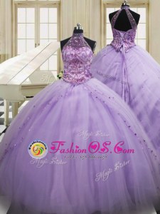 Lavender Halter Top Neckline Beading and Embroidery Sweet 16 Dresses Sleeveless Lace Up