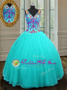 Aqua Blue Ball Gowns Tulle V-neck Sleeveless Beading Floor Length Zipper Ball Gown Prom Dress