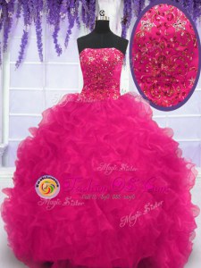 Fuchsia Organza Lace Up Strapless Sleeveless With Train Ball Gown Prom Dress Brush Train Beading and Ruffles