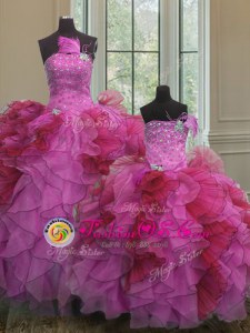 Sleeveless Floor Length Beading and Ruffles Lace Up 15 Quinceanera Dress with Multi-color