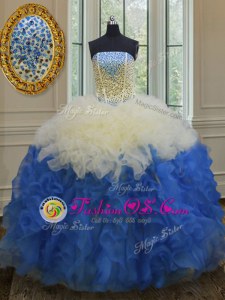 Sumptuous Blue And White Strapless Lace Up Beading and Ruffles Quinceanera Dresses Sleeveless
