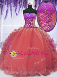 Sleeveless Organza Floor Length Lace Up 15th Birthday Dress in Watermelon Red for with Embroidery and Ruffles