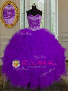 Lovely Eggplant Purple Quince Ball Gowns Military Ball and Sweet 16 and Quinceanera and For with Beading and Ruffles Sweetheart Sleeveless Lace Up