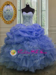 Affordable Blue Organza Lace Up Sweetheart Sleeveless Floor Length 15th Birthday Dress Beading and Pick Ups