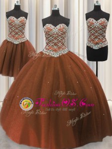 Three Piece Brown Sleeveless Floor Length Beading and Sequins Lace Up Vestidos de Quinceanera