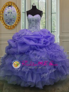 Charming Lavender Sleeveless Floor Length Beading and Ruffles and Pick Ups Lace Up Quince Ball Gowns