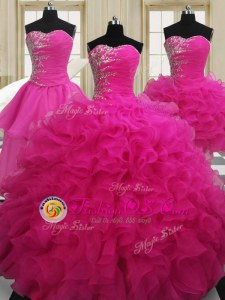 Comfortable Four Piece Sleeveless Floor Length Beading Zipper Quinceanera Gowns with Hot Pink