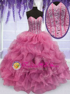 High End Rose Pink Sweetheart Neckline Beading and Ruffles Quinceanera Dresses Sleeveless Lace Up