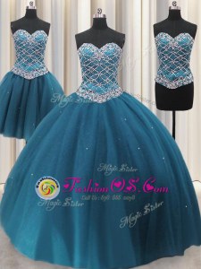Fashion Three Piece Teal Sweetheart Lace Up Beading and Ruffles Ball Gown Prom Dress Sleeveless