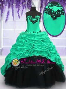 Most Popular Turquoise Ball Gowns Taffeta Sweetheart Sleeveless Appliques and Ruffles and Pick Ups With Train Lace Up Sweet 16 Dress Sweep Train