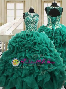 Exquisite Teal Ball Gowns Organza Scoop Sleeveless Beading and Ruffles Floor Length Lace Up 15th Birthday Dress