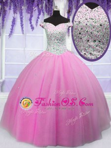 Off the Shoulder Short Sleeves Beading Lace Up Quinceanera Gown