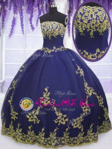 Sweet Sleeveless Tulle Floor Length Zipper Quinceanera Dresses in Navy Blue for with Appliques