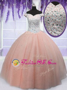 Off the Shoulder Peach Ball Gowns Beading 15th Birthday Dress Lace Up Tulle Short Sleeves Floor Length