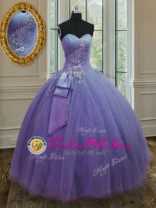 Glamorous Sleeveless Tulle and Sequined Floor Length Lace Up 15th Birthday Dress in Lavender for with Beading and Ruching and Bowknot