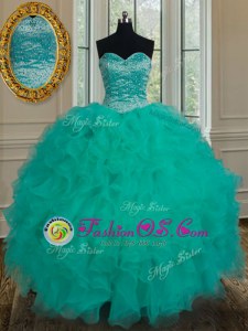 Turquoise Organza Lace Up Sweetheart Sleeveless Floor Length Quinceanera Gowns Beading and Ruffles