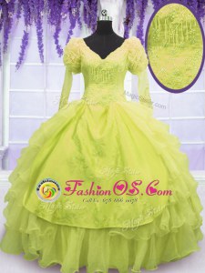 Customized Yellow Green Lace Up V-neck Beading and Embroidery and Ruffles Quince Ball Gowns Organza Sleeveless