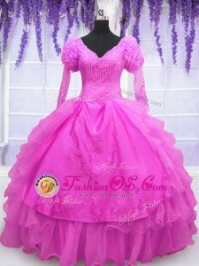 Long Sleeves Beading and Embroidery and Hand Made Flower Lace Up Quinceanera Dresses