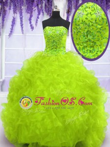 Sweet Organza Sleeveless With Train 15 Quinceanera Dress Brush Train and Beading and Appliques and Ruffles