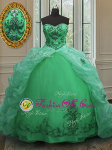 Cute Sleeveless Organza With Train Court Train Lace Up Ball Gown Prom Dress in Green for with Beading and Appliques and Pick Ups