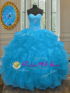 Glorious Blue Sweetheart Lace Up Beading and Ruffles Sweet 16 Dress Sleeveless