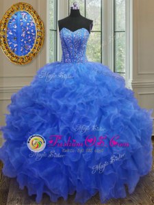 Edgy Beading and Ruffles Sweet 16 Dresses Blue Lace Up Sleeveless Floor Length