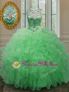 Hot Sale Scoop Sleeveless Floor Length Beading and Ruffles Lace Up 15th Birthday Dress with Green