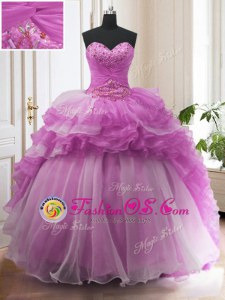 Beading and Ruffled Layers Quinceanera Dresses Lilac Lace Up Sleeveless With Train Sweep Train