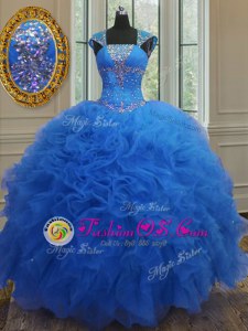 Sequins Floor Length Ball Gowns Cap Sleeves Royal Blue Ball Gown Prom Dress Lace Up