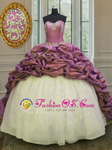 Sleeveless Beading and Appliques and Pick Ups Lace Up Quince Ball Gowns with White And Purple Sweep Train