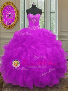 Popular Sleeveless Organza Floor Length Lace Up Quinceanera Dress in Purple for with Beading and Embroidery and Ruffles