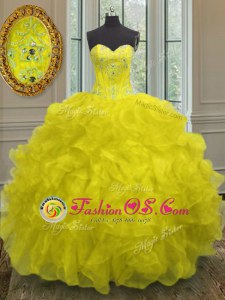 Yellow Lace Up Sweetheart Beading and Embroidery and Ruffles Vestidos de Quinceanera Organza Sleeveless