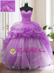 Purple Lace Up 15th Birthday Dress Beading and Ruffled Layers Sleeveless Sweep Train
