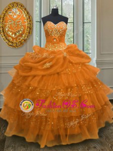 Orange Lace Up Quinceanera Gown Beading and Ruffled Layers and Pick Ups Sleeveless Floor Length