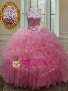 Scoop Sleeveless Lace Up Ball Gown Prom Dress Rose Pink Organza