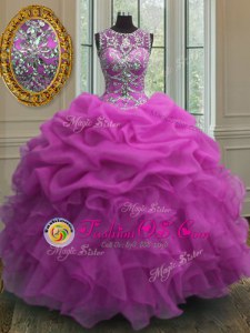 Scoop Floor Length Lace Up Quince Ball Gowns Fuchsia and In for Military Ball and Sweet 16 and Quinceanera with Beading and Ruffles and Pick Ups