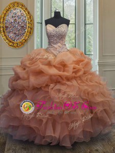 Custom Fit Organza Sweetheart Sleeveless Lace Up Beading and Ruffles and Pick Ups Ball Gown Prom Dress in Orange