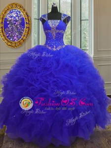 Smart Straps Blue Ball Gowns Beading and Ruffles and Sequins Quinceanera Gowns Lace Up Organza Cap Sleeves High Low