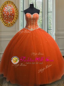 High Class Orange Red Ball Gowns Sweetheart Sleeveless Tulle Floor Length Lace Up Beading and Sequins 15th Birthday Dress