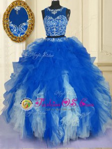 Colorful Scoop Blue And White Zipper Sweet 16 Quinceanera Dress Beading and Ruffles Sleeveless Floor Length