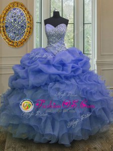 Suitable Blue Ball Gowns Sweetheart Sleeveless Organza Floor Length Lace Up Beading and Ruffles and Pick Ups 15 Quinceanera Dress