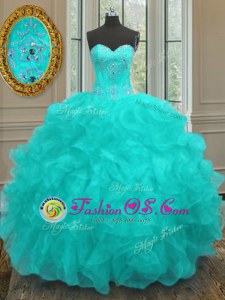 Fancy Aqua Blue Sweet 16 Dresses Military Ball and Sweet 16 and Quinceanera and For with Beading and Embroidery and Ruffles Sweetheart Sleeveless Lace Up