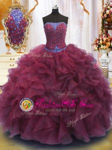 Burgundy Lace Up Strapless Beading and Ruffles 15 Quinceanera Dress Organza Sleeveless
