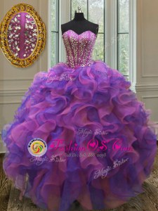 Dynamic Organza Sweetheart Sleeveless Lace Up Beading and Appliques and Ruffles and Sashes|ribbons and Hand Made Flower Sweet 16 Quinceanera Dress in Multi-color