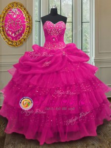 Fuchsia Organza and Sequined Lace Up Sweetheart Sleeveless Floor Length 15th Birthday Dress Beading and Ruffled Layers and Sequins and Pick Ups