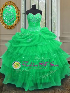Halter Top Sleeveless Organza Quinceanera Gown Beading and Ruffled Layers and Pick Ups Lace Up