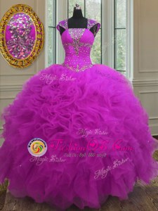 Affordable Fuchsia Organza Lace Up Straps Sleeveless Floor Length 15 Quinceanera Dress Beading and Ruffles and Sequins