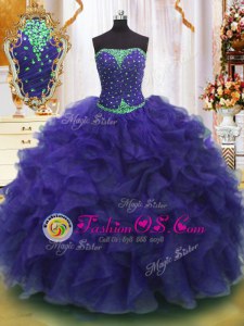 Purple Organza Lace Up Strapless Sleeveless Floor Length Quinceanera Gowns Beading and Ruffles
