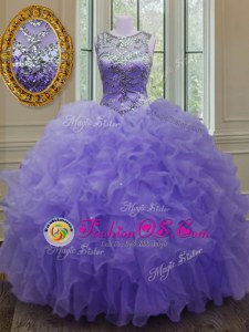 Scoop Sleeveless Organza Floor Length Lace Up 15th Birthday Dress in Lavender for with Beading and Ruffles