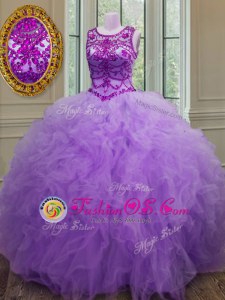 Clearance Scoop Floor Length Lavender Sweet 16 Dress Tulle Sleeveless Beading and Ruffles